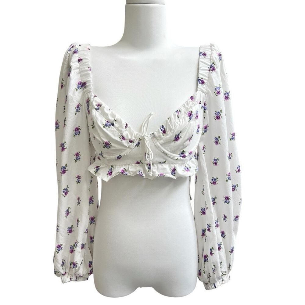 For Love & Lemons Viola Floral Cropped Top Puff Long Slv Blouse S Boho Bustiere